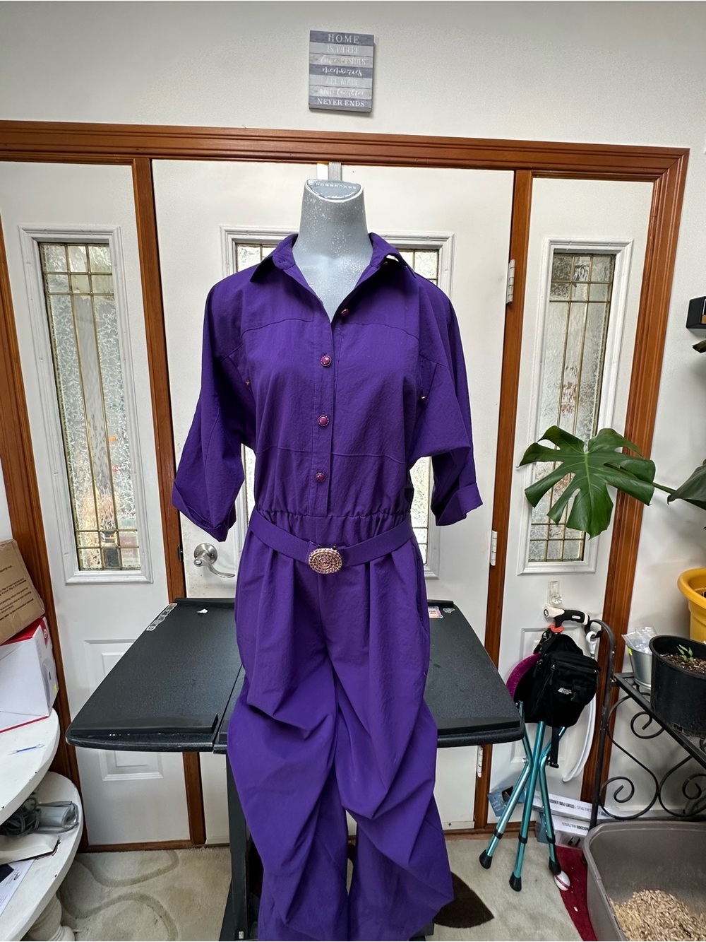 Vintage 80s Purple Jumpsuit Belted One Piece Button Front Retro Outfit Womens